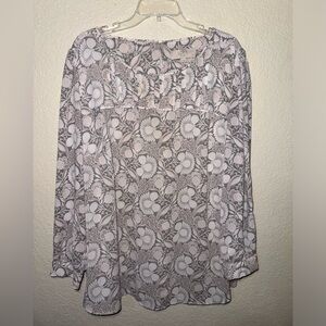 LOFT Plus Size 22 Floral Pintuck Yoke Blouse Long Sleeve Semi Sheer